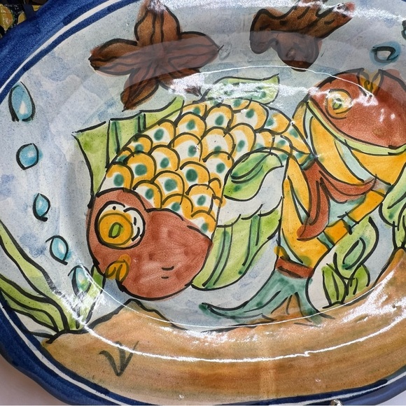 Vintage Signed 70’s Mexican Pottery Platter,  Red Clay, Hand Painted, Fish Beach - Picture 2 of 12